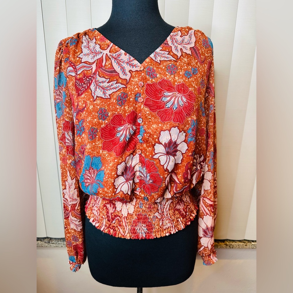 Joie Floral V Neck Blouse Long Sleeve Shirt Smocked Hem Top Size Small